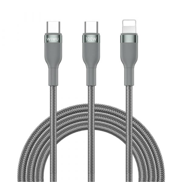 WiWU Câble de Charge Concise 2 en 1 Type-C vers Type-C & Lightning - Gris